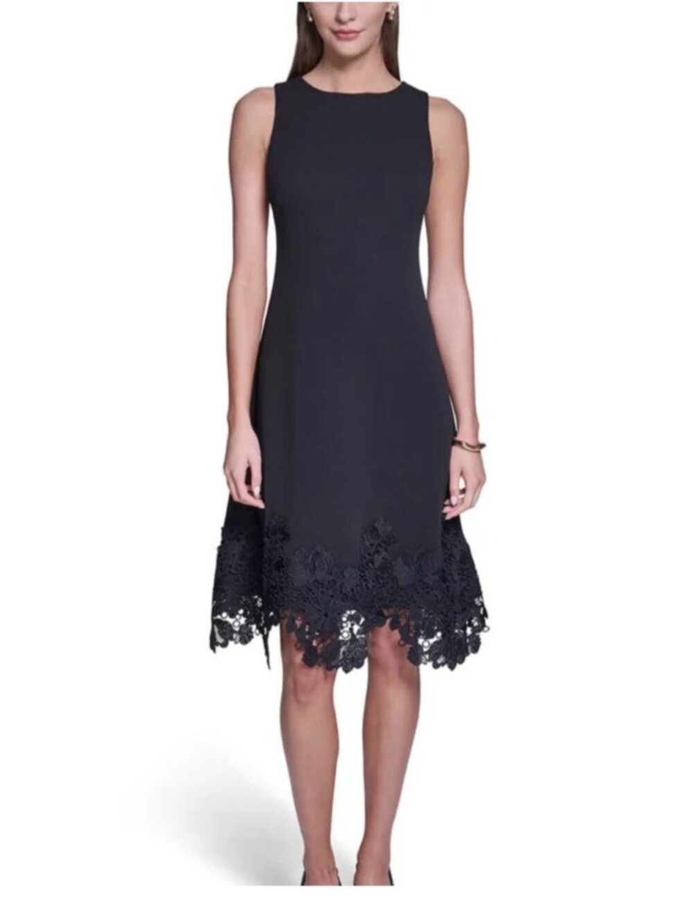 Halston Sleeveless Black Fit & Flare Lace Hem Midi Dress Size 8 NWT